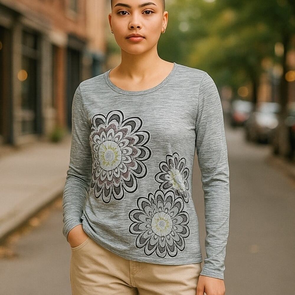AVENTURA Flower Burnout Long Sleeve T-Shirt Sheer Pullover Top ~ Women's MEDIUM